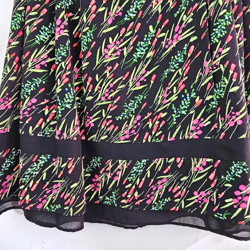 American Vintage Floral Garden Midi Skirt Sz 12 Black Pink Trim Casual Work Boho
